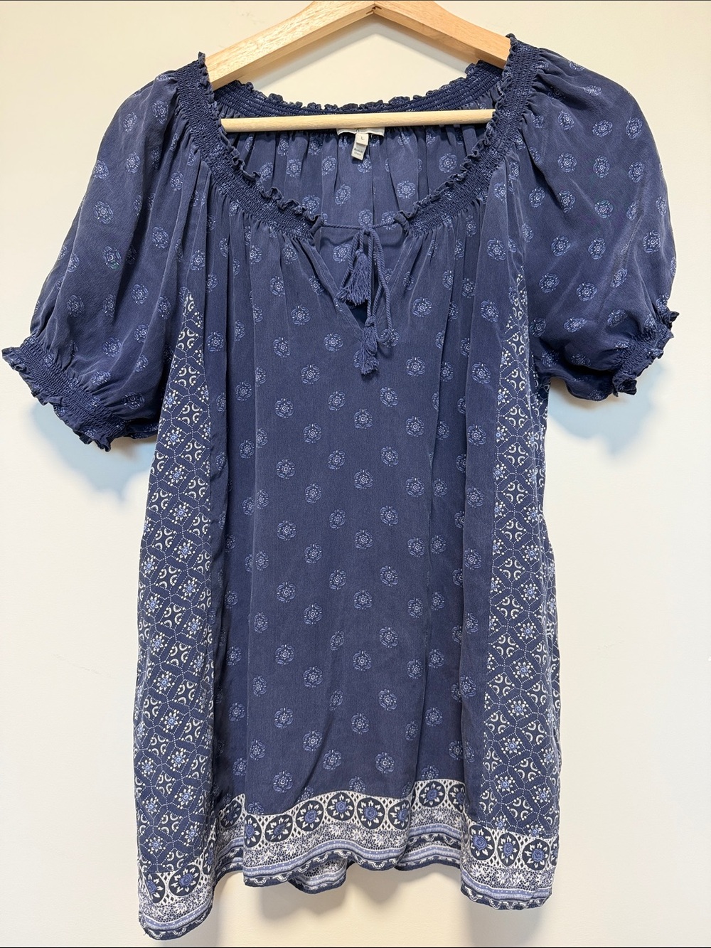 Joie Silk  Navy Blue Printed Peasant Tunic